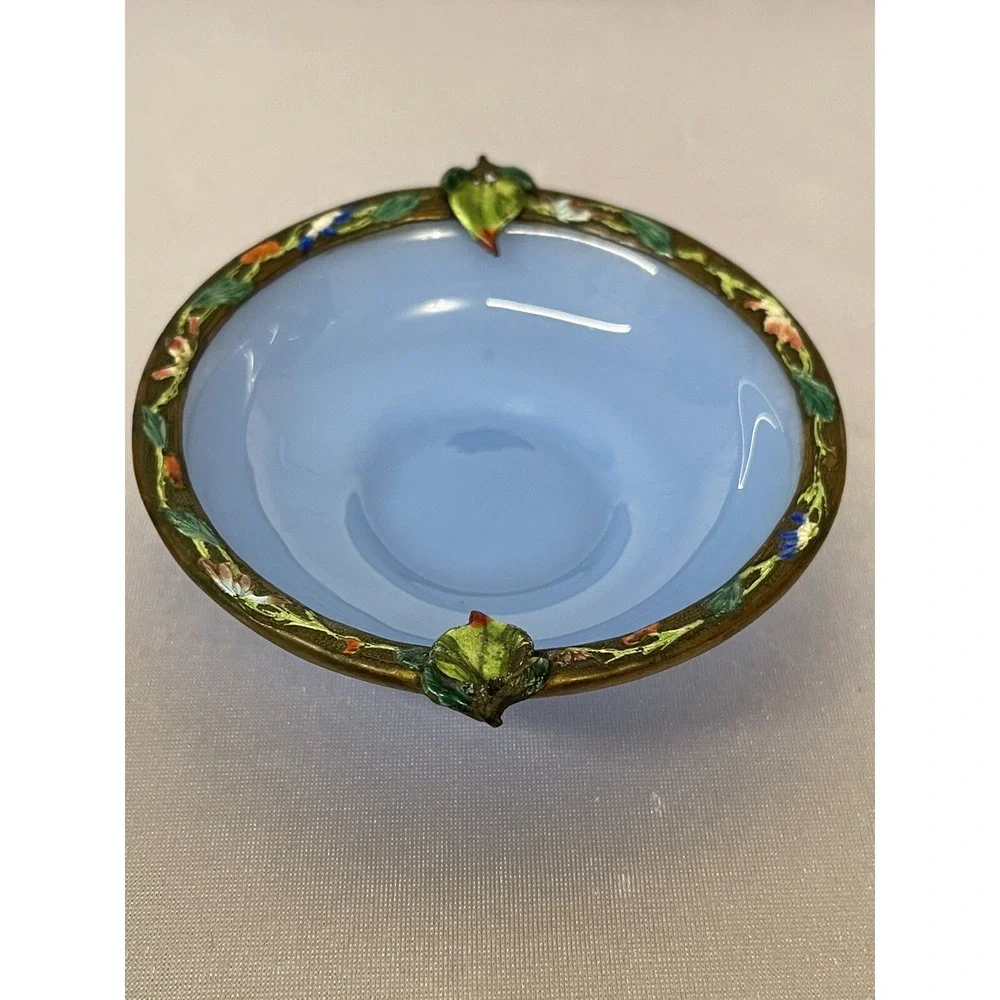 Vintage Small Blue Glass Bowl / Ashtray with Cooper Ring Painted Enameled Leaves